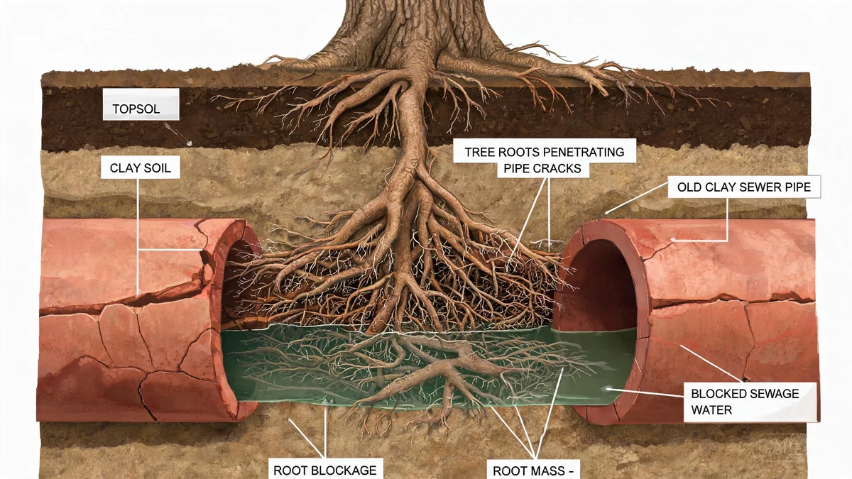 Cross-section illustration of tree roots invading underground pipes