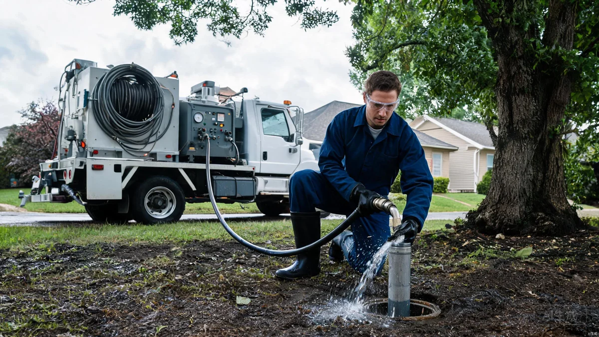 Professional sewer cleaning technician using high-pressure water jetting equipment