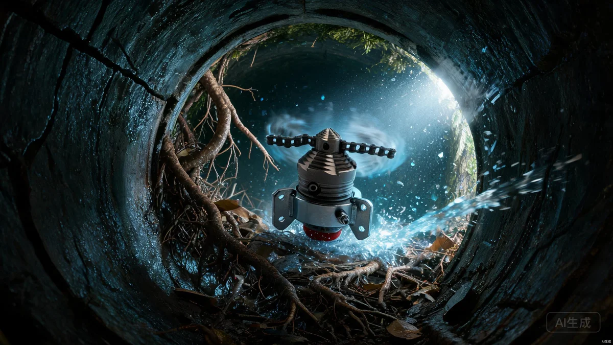 0.5k nozzle cutting tree roots inside pipe in action