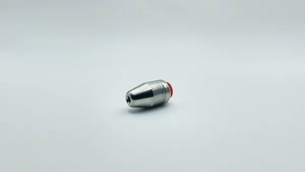 Side profile of durable metal elbow nozzle showing threaded connection point for secure attachment and industrial use.