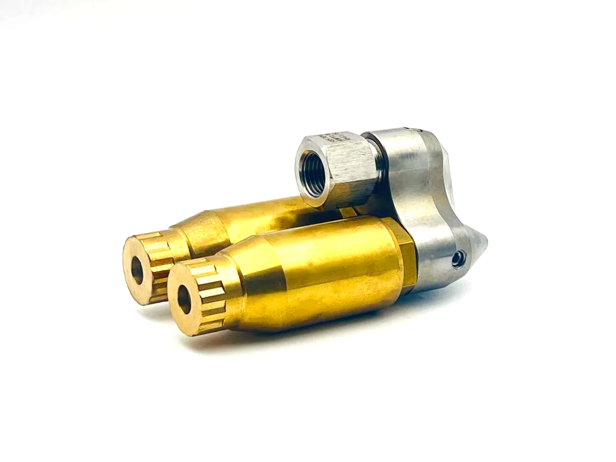 "Reverse Rotary Dual Outlet nozzle optimized for high pressure water distribution featuring adjustable spray rotation mechanisms"